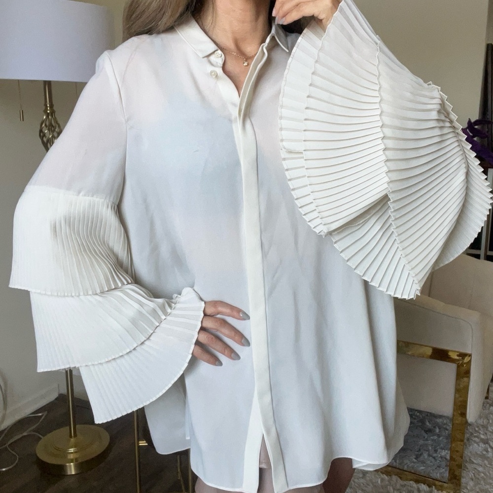 Steffen Schraut Cream Button Down Long Sleeve Pleated Bell Sleeve Blouse Top XL